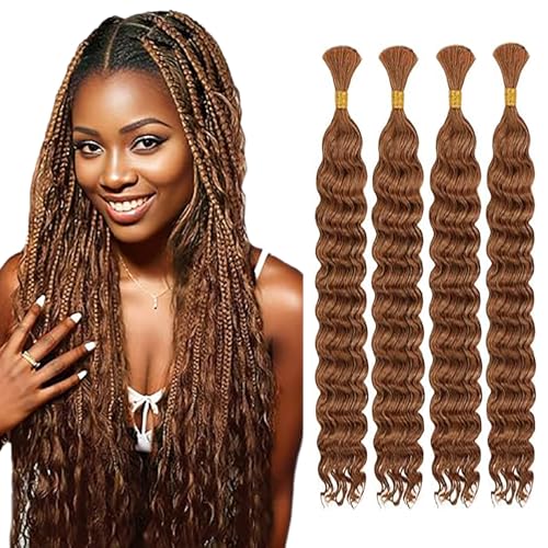WuvuSnm Human Hair Braiding Deep Wave Boho Braids Bulk Hair Weave Natural Extensions No Weft #30 Light Brown Color 4 Braids Per Pack Total 200g for Woman 20 20 20 20 Inch von WuvuSnm