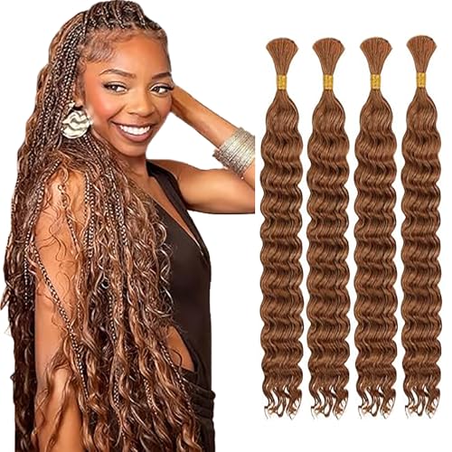WuvuSnm Human Hair Braiding Deep Wave Boho Braids Bulk Hair Weave Natural Extensions No Weft #30 Light Brown Color 4 Braids Per Pack Total 200g for Woman 22 22 22 22 Inch von WuvuSnm