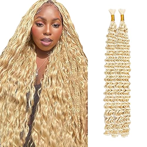 WuvuSnm Human Hair Braiding Deep Wave Boho Braids Bulk Hair Weave Natural Extensions No Weft #613 Blonde Color 2 Braids Per Pack Total 100g for Woman 20 20 Inch von WuvuSnm