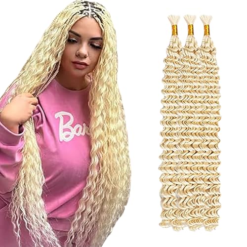 WuvuSnm Human Hair Braiding Deep Wave Boho Braids Bulk Hair Weave Natural Extensions No Weft #613 Blonde Color 3 Braids Per Pack Total 150 g for Women 32 Zoll von WuvuSnm