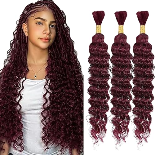 WuvuSnm Human Hair Braiding Deep Wave Boho Braids Bulk Hair Weave Natural Extensions No Weft Burgundy Color 3 Braids Per Pack Total 150 g for Woman 30,5 cm (12 12 Zoll) von WuvuSnm
