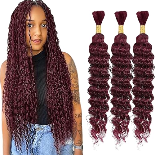 WuvuSnm Human Hair Braiding Deep Wave Boho Braids Bulk Hair Weave Natural Extensions No Weft Burgundy Color 3 Braids Per Pack Total 150 g for Woman 35,5 cm (14 14 Zoll) von WuvuSnm