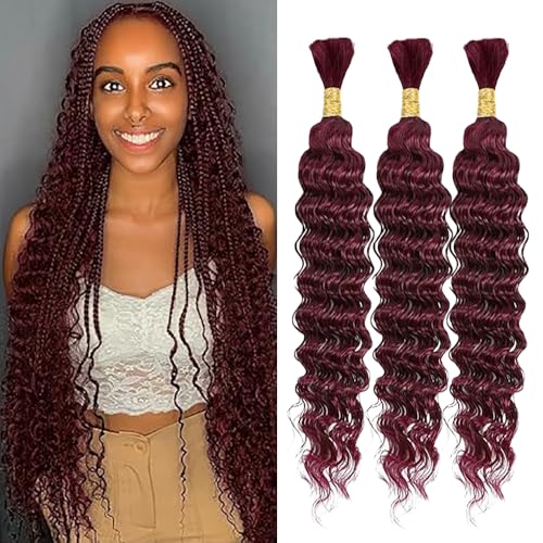 WuvuSnm Human Hair Braiding Deep Wave Boho Braids Bulk Hair Weave Natural Extensions No Weft Burgundy Color 3 Braids Per Pack Total 150 g for Women 40,6 cm (40,6 cm) von WuvuSnm
