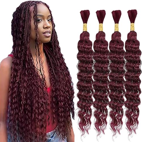 WuvuSnm Human Hair Braiding Deep Wave Boho Braids Bulk Hair Weave Natural Extensions No Weft Burgundy Color 4 Braids Per Pack Total 200g for Woman 18 18 18 18 Inch von WuvuSnm
