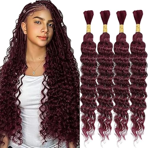 WuvuSnm Human Hair Braiding Deep Wave Boho Braids Bulk Hair Weave Natural Extensions No Weft Burgundy Color 4 Braids Per Pack Total 200g for Woman 20 20 20 20 Inch von WuvuSnm