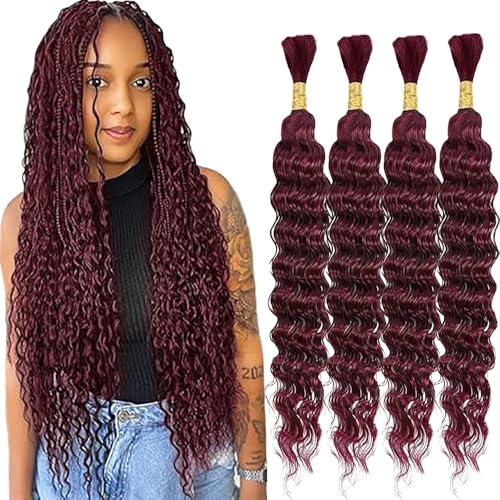 WuvuSnm Human Hair Braiding Deep Wave Boho Braids Bulk Hair Weave Natural Extensions No Weft Burgundy Color 4 Braids Per Pack Total 200g for Woman 22 22 22 22 Inch von WuvuSnm
