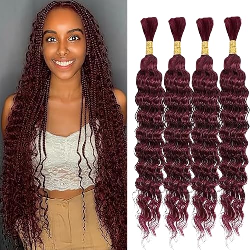 WuvuSnm Human Hair Braiding Deep Wave Boho Braids Bulk Hair Weave Natural Extensions No Weft Burgundy Color 4 Braids Per Pack Total 200g for Woman 32 32 32 32 Inch von WuvuSnm