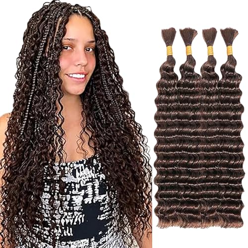 WuvuSnm Human Hair Braiding Deep Wave Boho Braids Bulk Hair Weave Natural Extensions No Weft Chocolate Brown Color 4 Braids Per Pack Total 200g for Woman 16 16 16 16 Inch von WuvuSnm