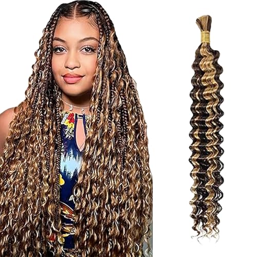 WuvuSnm Human Hair Braiding Deep Wave Boho Braids Bulk Hair Weave Natural Extensions No Weft Highlight Blonde Color 1 Braid Per Pack Total 50g for Woman 22 Inch von WuvuSnm