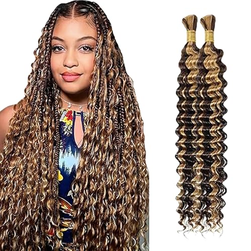 WuvuSnm Human Hair Braiding Deep Wave Boho Braids Bulk Hair Weave Natural Extensions No Weft Highlight Blonde Color 2 Braids Per Pack Total 100 g for Woman 35,5 cm/14 Zoll von WuvuSnm