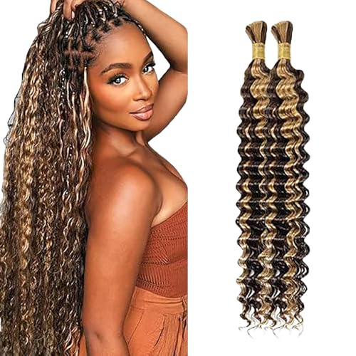 WuvuSnm Human Hair Braiding Deep Wave Boho Braids Bulk Hair Weave Natural Extensions No Weft Highlight Blonde Color 2 Braids Per Pack Total 100g for Woman 34 34 Inch von WuvuSnm