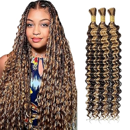 WuvuSnm Human Hair Braiding Deep Wave Boho Braids Bulk Hair Weave Natural Extensions No Weft Highlight Blonde Color 3 Braids Per Pack Total 150g for Woman 14 14 14 Inch von WuvuSnm