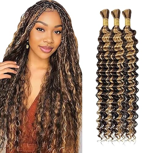 WuvuSnm Human Hair Braiding Deep Wave Boho Braids Bulk Hair Weave Natural Extensions No Weft Highlight Blonde Color 3 Braids Per Pack Total 150g for Woman 28 28 28 Inch von WuvuSnm