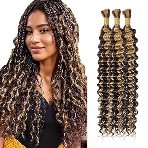 WuvuSnm Human Hair Braiding Deep Wave Boho Braids Bulk Hair Weave Natural Extensions No Weft Highlight Blonde Color 3 Braids Per Pack Total 150g for Woman 32 32 32 Inch von WuvuSnm