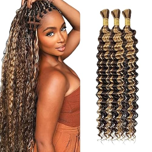 WuvuSnm Human Hair Braiding Deep Wave Boho Braids Bulk Hair Weave Natural Extensions No Weft Highlight Blonde Color 3 Braids Per Pack Total 150g for Woman 34 34 34 Inch von WuvuSnm