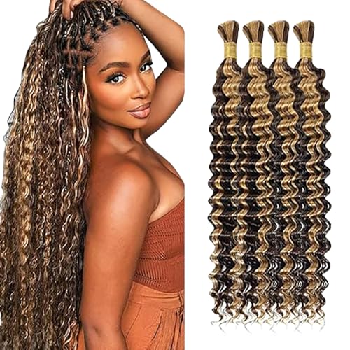 WuvuSnm Human Hair Braiding Deep Wave Boho Braids Bulk Hair Weave Natural Extensions No Weft Highlight Blonde Color 4 Braids Per Pack Total 200g for Woman 18 18 18 18 Inch von WuvuSnm