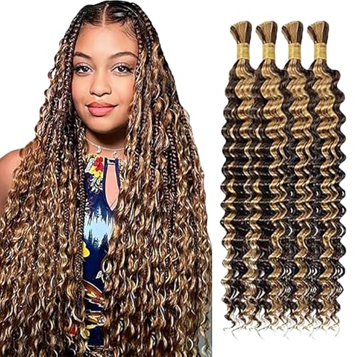 WuvuSnm Human Hair Braiding Deep Wave Boho Braids Bulk Hair Weave Natural Extensions No Weft Highlight Blonde Color 4 Braids Per Pack Total 200g for Woman 22 22 22 22 Inch von WuvuSnm
