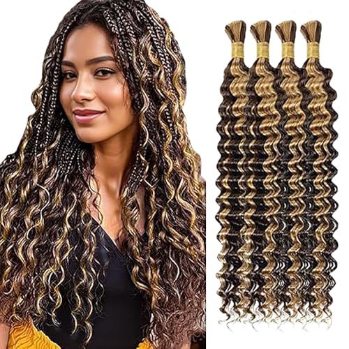 WuvuSnm Human Hair Braiding Deep Wave Boho Braids Bulk Hair Weave Natural Extensions No Weft Highlight Blonde Color 4 Braids Per Pack Total 200g for Woman 24 24 24 24 Inch von WuvuSnm