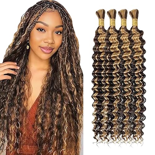 WuvuSnm Human Hair Braiding Deep Wave Boho Braids Bulk Hair Weave Natural Extensions No Weft Highlight Blonde Color 4 Braids Per Pack Total 200g for Woman 28 28 28 28 Inch von WuvuSnm