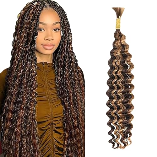 WuvuSnm Human Hair Braiding Deep Wave Boho Braids Bulk Hair Weave Natural Extensions No Weft Highlight Brown Color 1 Braid Per Pack Total 50g for Woman 14 Inch von WuvuSnm