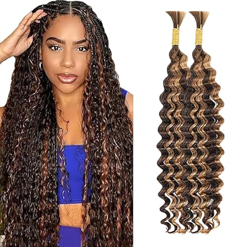 WuvuSnm Human Hair Braiding Deep Wave Boho Braids Bulk Hair Weave Natural Extensions No Weft Highlight Brown Color 2 Braids Per Pack Total 100g for Woman 12 12 Inch von WuvuSnm