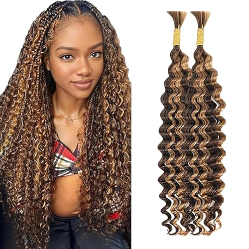 WuvuSnm Human Hair Braiding Deep Wave Boho Braids Bulk Hair Weave Natural Extensions No Weft Highlight Brown Color 2 Braids Per Pack Total 100g for Woman 18 18 Inch von WuvuSnm