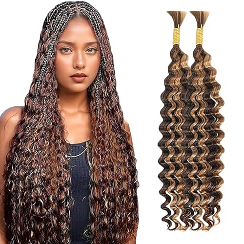 WuvuSnm Human Hair Braiding Deep Wave Boho Braids Bulk Hair Weave Natural Extensions No Weft Highlight Brown Color 2 Braids Per Pack Total 100g for Woman 32 32 Inch von WuvuSnm