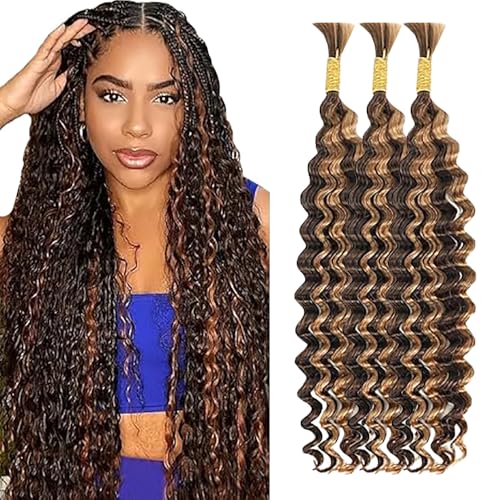 WuvuSnm Human Hair Braiding Deep Wave Boho Braids Bulk Hair Weave Natural Extensions No Weft Highlight Brown Color 3 Braids Per Pack Total 150g for Woman 12 12 12 Inch von WuvuSnm