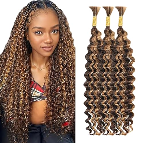 WuvuSnm Human Hair Braiding Deep Wave Boho Braids Bulk Hair Weave Natural Extensions No Weft Highlight Brown Color 3 Braids Per Pack Total 150g for Woman 26 26 26 Inch von WuvuSnm