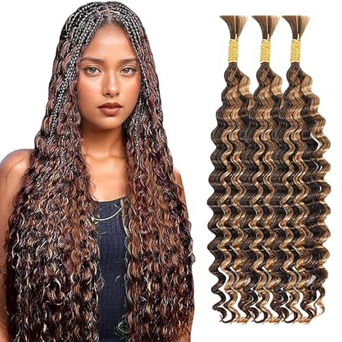 WuvuSnm Human Hair Braiding Deep Wave Boho Braids Bulk Hair Weave Natural Extensions No Weft Highlight Brown Color 3 Braids Per Pack Total 150g for Woman 24 24 24 Inch von WuvuSnm