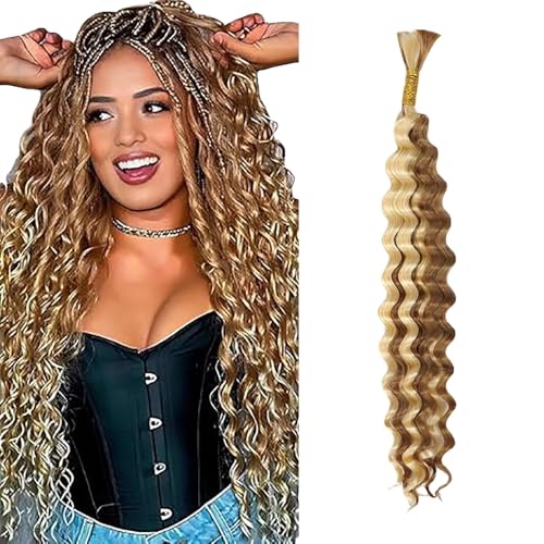 WuvuSnm Human Hair Braiding Deep Wave Boho Braids Bulk Hair Weave Natural Extensions No Weft Highlight Honey Blonde Color 1 Braid Per Pack Total 50g for Woman 24 Inch von WuvuSnm