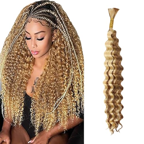 WuvuSnm Human Hair Braiding Deep Wave Boho Braids Bulk Hair Weave Natural Extensions No Weft Highlight Honey Blonde Color 1 Braid Per Pack Total 50g for Woman 26 Inch von WuvuSnm