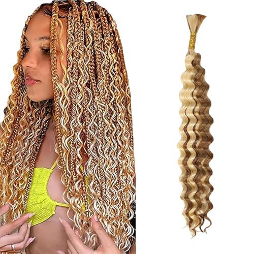 WuvuSnm Human Hair Braiding Deep Wave Boho Braids Bulk Hair Weave Natural Extensions No Weft Highlight Honey Blonde Color 1 Braid Per Pack Total 50g for Woman 30 Inch von WuvuSnm