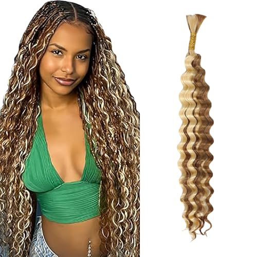WuvuSnm Human Hair Braiding Deep Wave Boho Braids Bulk Hair Weave Natural Extensions No Weft Highlight Honey Blonde Color 1 Braid Per Pack Total 50g for Woman 28 Inch von WuvuSnm