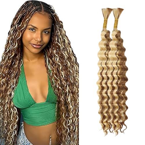 WuvuSnm Human Hair Braiding Deep Wave Boho Braids Bulk Hair Weave Natural Extensions No Weft Highlight Honey Blonde Color 2 Braids Per Pack Total 100g for Woman 20 20 Inch von WuvuSnm