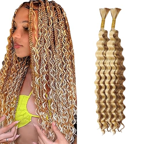 WuvuSnm Human Hair Braiding Deep Wave Boho Braids Bulk Hair Weave Natural Extensions No Weft Highlight Honey Blonde Color 2 Braids Per Pack Total 100g for Woman 30 30 Inch von WuvuSnm