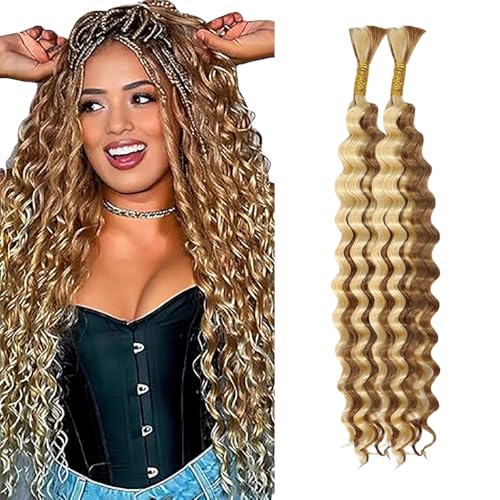 WuvuSnm Human Hair Braiding Deep Wave Boho Braids Bulk Hair Weave Natural Extensions No Weft Highlight Honey Blonde Color 2 Braids Per Pack Total 100g for Woman 32 32 Inch von WuvuSnm