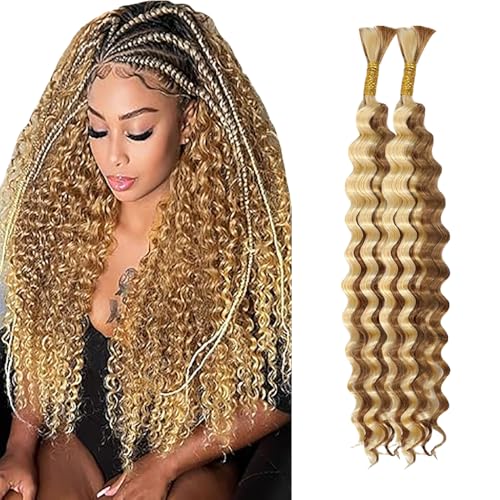 WuvuSnm Human Hair Braiding Deep Wave Boho Braids Bulk Hair Weave Natural Extensions No Weft Highlight Honey Blonde Color 2 Braids Per Pack Total 100g for Woman 34 34 Inch von WuvuSnm