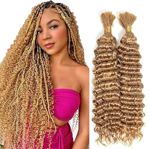 WuvuSnm Human Hair Braiding Deep Wave Boho Braids Bulk Hair Weave Natural Extensions No Weft Honey Blonde Color 2 Braids Per Pack Total 100g for Woman 34 34 Inch von WuvuSnm