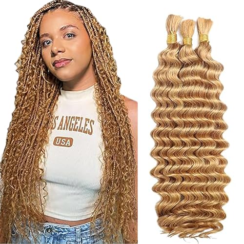 WuvuSnm Human Hair Braiding Deep Wave Boho Braids Bulk Hair Weave Natural Extensions No Weft Honey Blonde Color 3 Braids Per Pack Total 150g for Woman 20 20 20 Inch von WuvuSnm