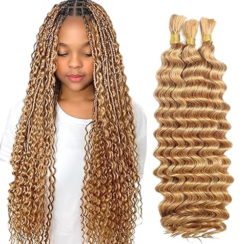 WuvuSnm Human Hair Braiding Deep Wave Boho Braids Bulk Hair Weave Natural Extensions No Weft Honey Blonde Color 3 Braids Per Pack Total 150g for Woman 22 22 22 Inch von WuvuSnm