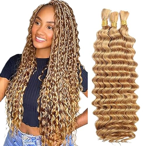 WuvuSnm Human Hair Braiding Deep Wave Boho Braids Bulk Hair Weave Natural Extensions No Weft Honey Blonde Color 3 Braids Per Pack Total 150g for Woman 24 24 24 Inch von WuvuSnm