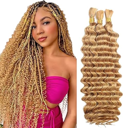 WuvuSnm Human Hair Braiding Deep Wave Boho Braids Bulk Hair Weave Natural Extensions No Weft Honey Blonde Color 3 Braids Per Pack Total 150g for Woman 34 34 34 Inch von WuvuSnm
