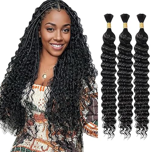 WuvuSnm Human Hair Braiding Deep Wave Boho Braids Bulk Hair Weave Natural Extensions No Weft Natural Black Color 3 Braids Per Pack Total 150g for Woman 24 24 24 Inch von WuvuSnm