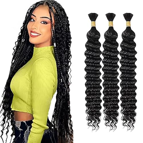 WuvuSnm Human Hair Braiding Deep Wave Boho Braids Bulk Hair Weave Natural Extensions No Weft Natural Black Color 3 Braids Per Pack Total 150g for Woman 20 20 20 Inch von WuvuSnm
