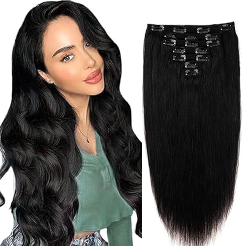 WuvuSnm Straight Clip in Extensions Echthaar Human Hair Haarverlängerung Echthaar Invisble Clip Extensions #1 Jet Black 26 Inch 120g 7Pcs Per Pack for Women Real Hair von WuvuSnm