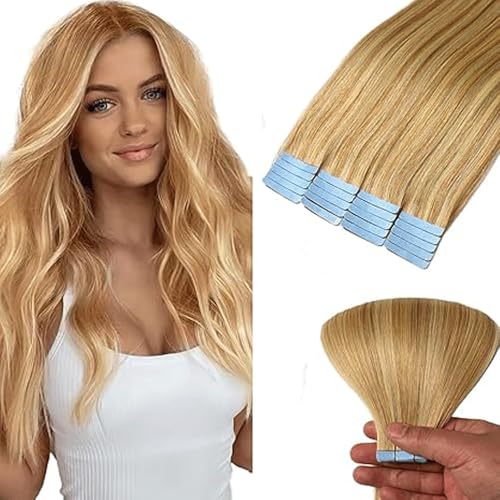 WuvuSnm Tape In Extensions Echthaar Human Hair Straight Invisible Extensions P27/613 Highlight Blonde Color 20 Zolls 20 Pièces/70g Haarverlängerung Echthaar for Women Minimal Smell Low Shedding von WuvuSnm
