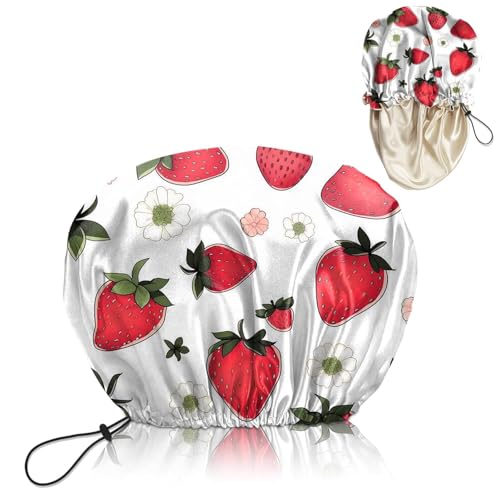 Wuxiuxiu Luxuriöse Duschhaube mit Satin-Futter, wiederverwendbar, wasserdicht, doppellagig, elastisch, verstellbare Duschhaube, niedlich und schön, Erdbeerfarbe für Damen und Mädchen Wuxiuxiu Luxuriöse Duschhaube mit Satin-Futter, wiederverwendbar, wasserdicht, doppellagig, elastisch, verstellbare Duschhaube, niedlich und schön, Erdbeerfarbe für Damen und Mädchen von Wuxiuxiu