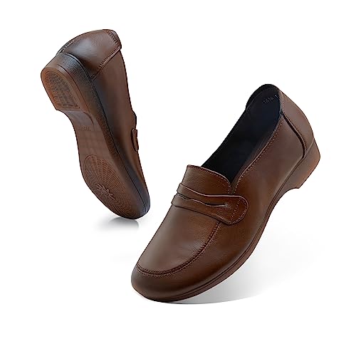 Wuyaraymia Loafers für Frauen Echtes Leder Schuhe der Dame Die Sohle Eines Gummischuhs Braun 38 EU von Wuyaraymia