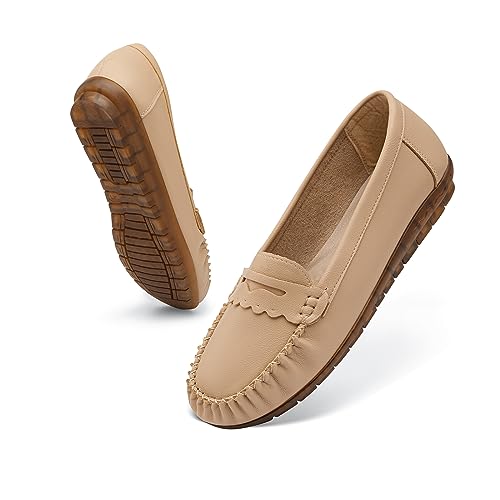 Wuyaraymia Loafers für Frauen Leder Das Laufwerk Ohne Schnürsenkel Weich Gummi Schuh Beige 38 EU von Wuyaraymia